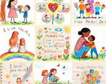 Muttertag Kinder Zeichnung Clipart, kindliche Bleistift Kunst, ich liebe dich Mama Illustrationen, Familienpaket