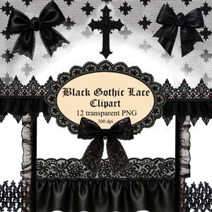 Może przedstawiać: Grafika cyfrowa "Black Gothic Lace Clipart" z czarnymi koronkowymi kokardami, krzyżami i dekoracyjnymi obramowaniami. Obraz zawiera tekst "Black Gothic Lace Clipart" oraz szczeg&oacute;ły dotyczące liczby przezroczystych plik&oacute;w PNG i rozdzielczości.