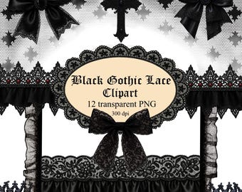 Black Gothic Lace Clipart: Victorian Borders, Ruffles, Bows (PNG Digital Download)