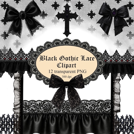 Black Gothic Lace Clipart: Victorian Borders, Ruffles, Bows (PNG Digital Download)