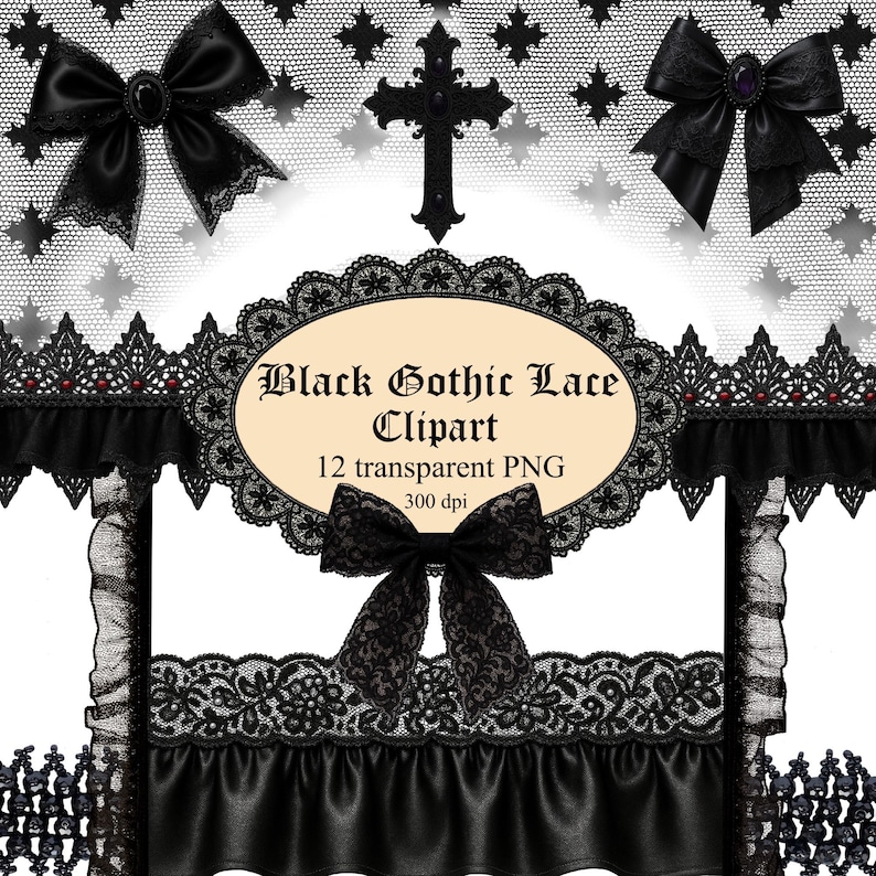Może przedstawiać: Grafika cyfrowa "Black Gothic Lace Clipart" z czarnymi koronkowymi kokardami, krzyżami i dekoracyjnymi obramowaniami. Obraz zawiera tekst "Black Gothic Lace Clipart" oraz szczeg&oacute;ły dotyczące liczby przezroczystych plik&oacute;w PNG i rozdzielczości.