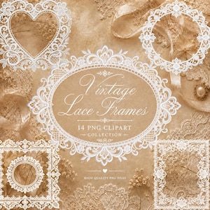 Może przedstawiać: Kolekcja białych koronek w różnych kształtach, w tym serce, owal, koło i kwadrat, na beżowym tle. Widoczny jest tekst "Vintage Lace Frames", wraz z "14 PNG Clipart Collection."