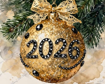Aquarell Weihnachtskugeln 2026 - Elegantes Feiertags Ornament Clipart Set - 13 JPG
