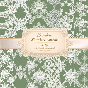 White Lace Seamless Patterns | Vintage Wedding Digital Paper (12 PNG Files)
