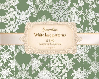 White Lace Seamless Patterns | Vintage Wedding Digital Paper (12 PNG Files)