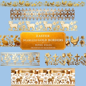 Easter Gold Borders PNG, Seamless design, Lamb Cross Bunny Border, Religious Easter  Clipart