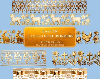 Easter Gold Borders PNG, Seamless design, Lamb Cross Bunny Border, Religious Easter  Clipart