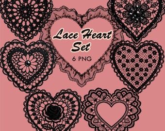 Black Lace Heart Clipart – Gothic Crochet PNG Set (Digital Download)