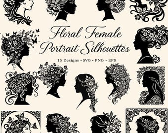 Floral Female Portrait Silhouettes Bundle, Beauty Salon Branding (SVG, PNG, EPS)