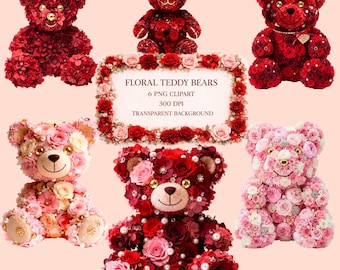 Floral Teddy Bear Clipart, Valentine's Day Flower Bear PNG (Digital Download)
