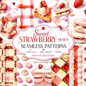 Könnte beinhalten: Eine digitale Sammlung nahtloser Muster mit Aquarellillustrationen von Erdbeeren, Waffeln mit Eis, Kuchen, Macarons und Gebäck mit Sahne. Das zentrale Etikett zeigt den Text Sweet STRAWBERRY DESIGN SEAMLESS PATTERNS.