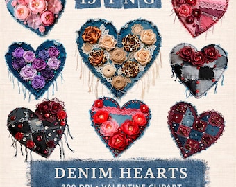 Denim Heart  Clipart, Embroidered Floral Patchwork PNG (Digital Download