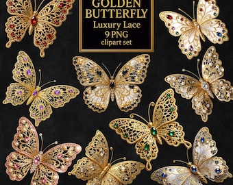 Золотые кружевные бабочки – коллекция ювелирных изделий | 9 PNG | Роскошные золотые филигранные крылья | 300 точек на дюйм