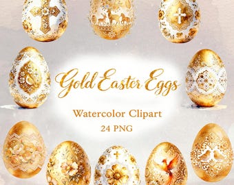 Gold Easter Eggs Watercolor Clipart, Ukrainian Pysanka, Golden  PNG, Hand Painted Style , 24 PNG