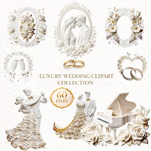 White & Gold Wedding Clipart, Frames and Backgrounds. Elegant Invitation Design (Digital Files)