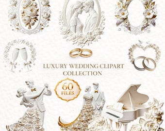 White & Gold Wedding Clipart, Frames and Backgrounds. Elegant Invitation Design (Digital Files)