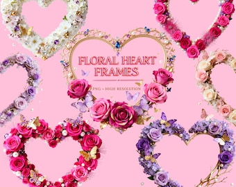 Floral Heart Photo Frames  | Romantic Wedding & Valentine Frames | 20 PNG High Resolution