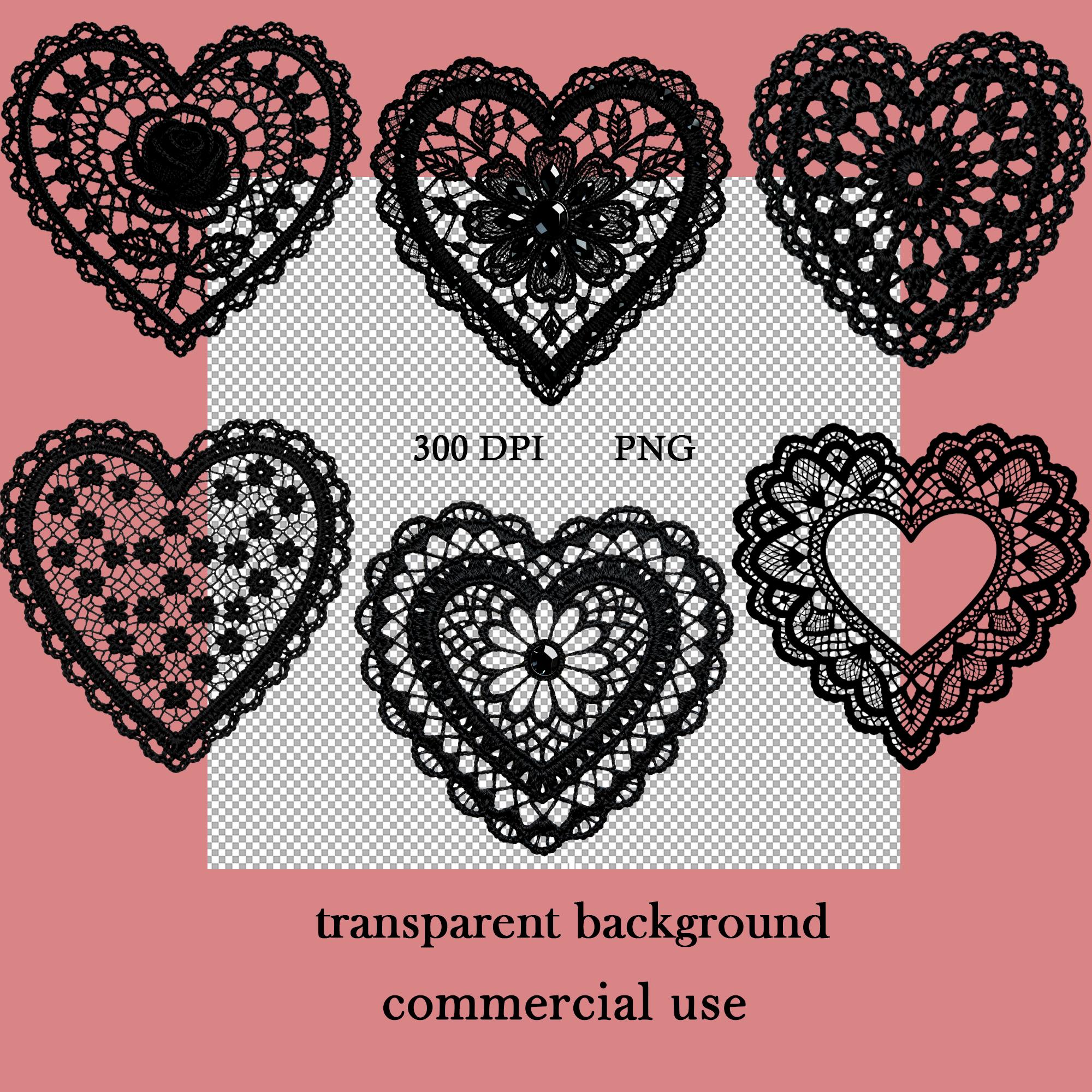 Black Lace Heart Clipart – Gothic Crochet PNG Set (digital