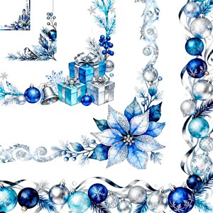 May include: Watercolor illustration featuring Christmas ornaments, gift boxes, and a poinsettia in shades of blue and silver. The design includes decorative borders with ribbons, snowflakes, and pine branches, perfect for holiday-themed crafts.
