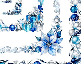 16 Aquarell Weihnachtsrahmen - Silver Borders Collection | Blau Frosted PNG Set
