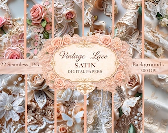 Vintage Lace Satin Digital Papers, Seamless Romantic Backgrounds, Shabby Chic Textures