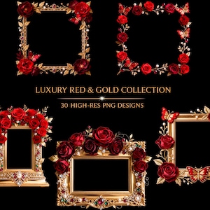 Puede incluir: Una colección de marcos dorados ornamentados con rosas rojas y mariposas. Los marcos son cuadrados y rectangulares, con detalles intrincados. Se muestra el texto "Luxury Red & Gold Collection" y "30 High-Res PNG Designs".