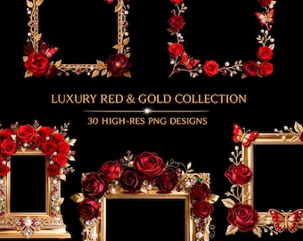 Gold  Frames with Live Red Roses – Floral 3D Photo Design PNG, Digital Download