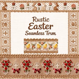 Könnte beinhalten: Ein dekorativer Ostersaum mit dem Text "Rustic Easter Seamless Trim". Der Saum zeigt gestickte Hasen, Rosen, Küken, Kreuze und Ostereier. Die Farbpalette umfasst Beige, Braun, Rot und Gelb.