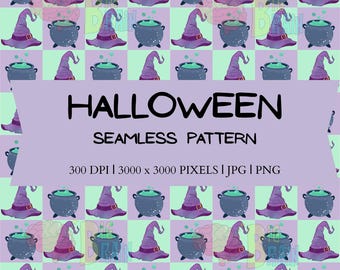 Häxhatt och kittel Halloween sömlöst mönster | Spöklikt digitalt papper | Häxkonst upprepande design | Scrapbooking, utskrift på begäran