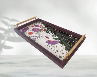 Bandeja de madera con azulejos de cerámica pintados a mano "Mujer artística y diseño floral"