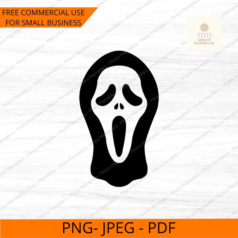 May include: Black and white graphic of a Scream mask, a popular Halloween icon. The mask has a white face with a gaping mouth and oval eyes, set against a black hood. Text at the top reads "FREE COMMERCIAL USE FOR SMALL BUSINESS".