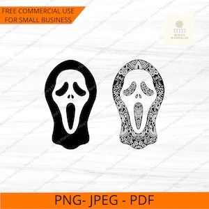 May include: Two Scream mask designs. One is a solid black silhouette, and the other is a white design with intricate patterns. The image includes the text "FREE COMMERCIAL USE FOR SMALL BUSINESS" and "PNG- JPEG - PDF".