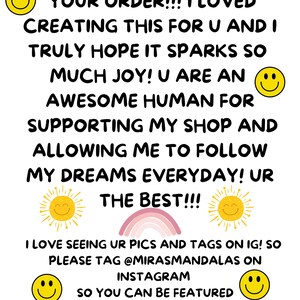 May include: White card with black handwritten text, yellow smiley faces, a rainbow, and sun illustrations. The text includes a thank you message, Instagram handle, and a discount code.