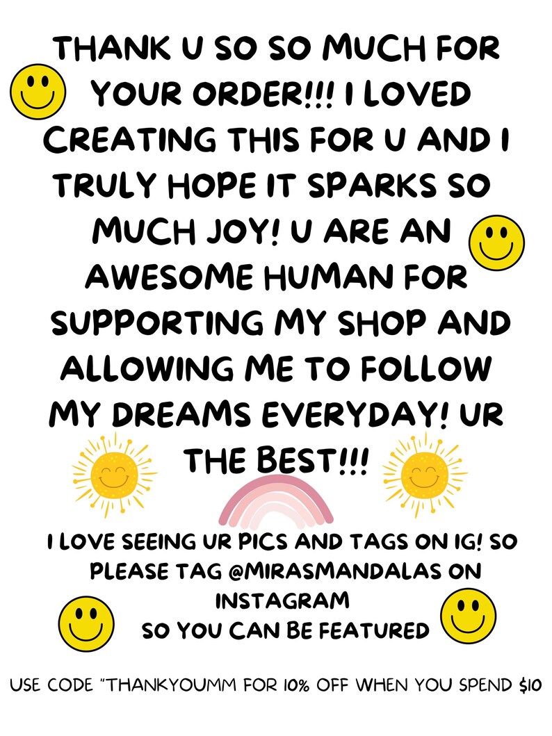 May include: White card with black handwritten text, yellow smiley faces, a rainbow, and sun illustrations. The text includes a thank you message, Instagram handle, and a discount code.