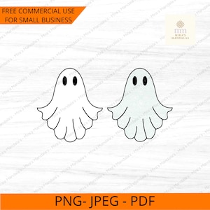 May include: Two white ghost illustrations with black oval eyes and a wavy bottom edge. The image includes the text "FREE COMMERCIAL USE FOR SMALL BUSINESS" and "PNG- JPEG - PDF".