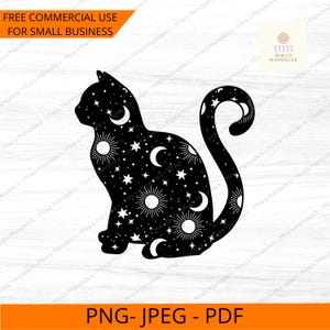 Peut inclure: Silhouette noire d'un chat orné de soleils, lunes et étoiles. Le texte "FREE COMMERCIAL USE FOR SMALL BUSINESS" et "PNG - JPEG - PDF" est inclus. Le logo Mira's Mandalas est également présent.