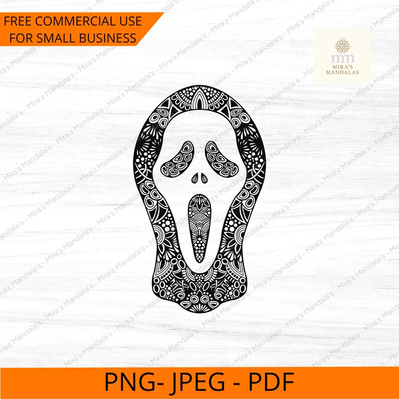 May include: Black and white Scream mask design with intricate floral patterns. The image includes the text "FREE COMMERCIAL USE FOR SMALL BUSINESS" and "PNG- JPEG - PDF".