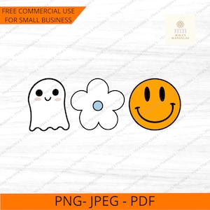May include: A collection of three cartoon graphics: a white ghost with a smiling face, a white flower with a blue center, and a classic orange smiley face. The image also includes the text "FREE COMMERCIAL USE FOR SMALL BUSINESS" and "PNG-JPEG-PDF".