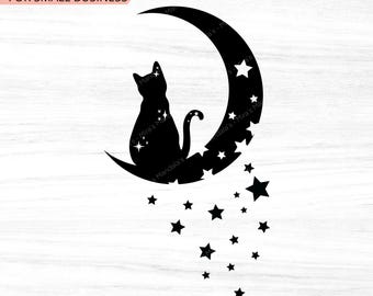 Witchy Cat on Moon PNG: Celestial Clipart (Digital Download)