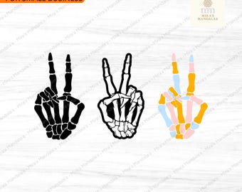 Skeleton Peace Sign Hand PNG Bundle | Black, Black and White & Boho Skeleton Peace Sign Hands | Halloween Spooky Clipart | Digital Download
