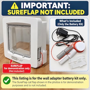 Könnte beinhalten: Eine weiße SureFlap Katzenklappe zu Demonstrationszwecken und ein Batterie-Kit mit schwarzem Netzteil, roten Kabeln, grauen und weißen batterieähnlichen Komponenten und einem weißen runden Teil, mit Text, dass SureFlap nicht enthalten ist.