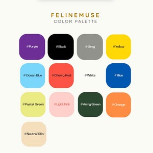 Puede incluir: Gr&aacute;fico de paleta de colores con el texto "FELINEMUSE COLOR PALETTE". La paleta presenta 12 muestras de color, incluyendo morado, negro, gris, amarillo, azul oc&eacute;ano, rojo cereza, blanco, azul, verde pastel, rosa claro, verde militar y naranja.