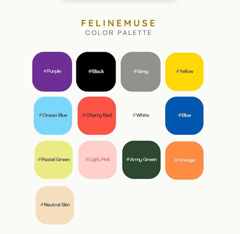 Puede incluir: Gr&aacute;fico de paleta de colores con el texto "FELINEMUSE COLOR PALETTE". La paleta presenta 12 muestras de color, incluyendo morado, negro, gris, amarillo, azul oc&eacute;ano, rojo cereza, blanco, azul, verde pastel, rosa claro, verde militar y naranja.
