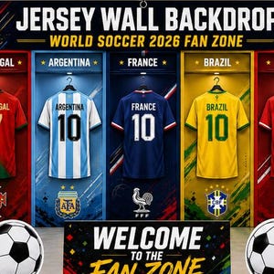 May include: A complete World Soccer 2026 fan zone decor package. Includes an entrance arch, jersey wall backdrop, soccer ball cutouts, goal photo booth frame, and welcome sign. The jersey wall backdrop features jerseys from Portugal, Argentina, France, Brazil, and Canada.