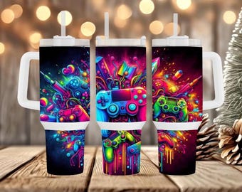 Vibrant Gaming Controller : 40oz Skinny Tumbler Sublimation PNG Digital Download
