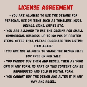 May include: A beige background with black text outlining a license agreement. The title "LICENSE AGREEMENT" is in red. The text details permitted and prohibited uses of the designs, including personal and small business use.