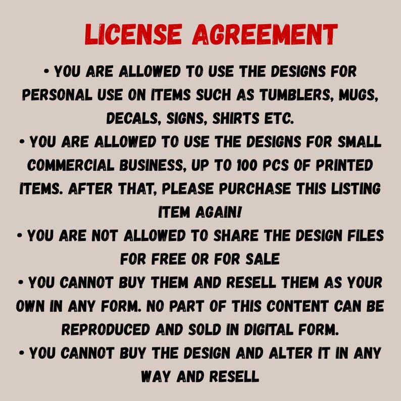 May include: A beige background with black text outlining a license agreement. The title "LICENSE AGREEMENT" is in red. The text details permitted and prohibited uses of the designs, including personal and small business use.