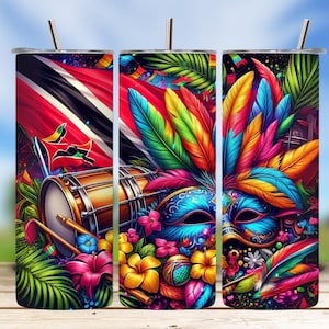 May include: A set of three stainless steel tumblers with vibrant, colorful designs. The designs feature a Trinidad and Tobago flag, a drum, and a carnival mask with feathers and flowers. Each tumbler has a silver straw.