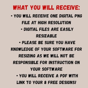 May include: Text on a beige background reads "WHAT YOU WILL RECEIVE:" followed by bullet points detailing digital file formats, resolution, and resizing information. The text is in black, with the title in red.