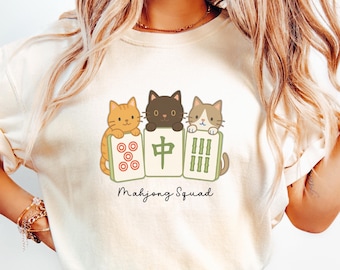 Comfort Colors Mahjong Cat T-Shirt, Kawaii Game Night Tee